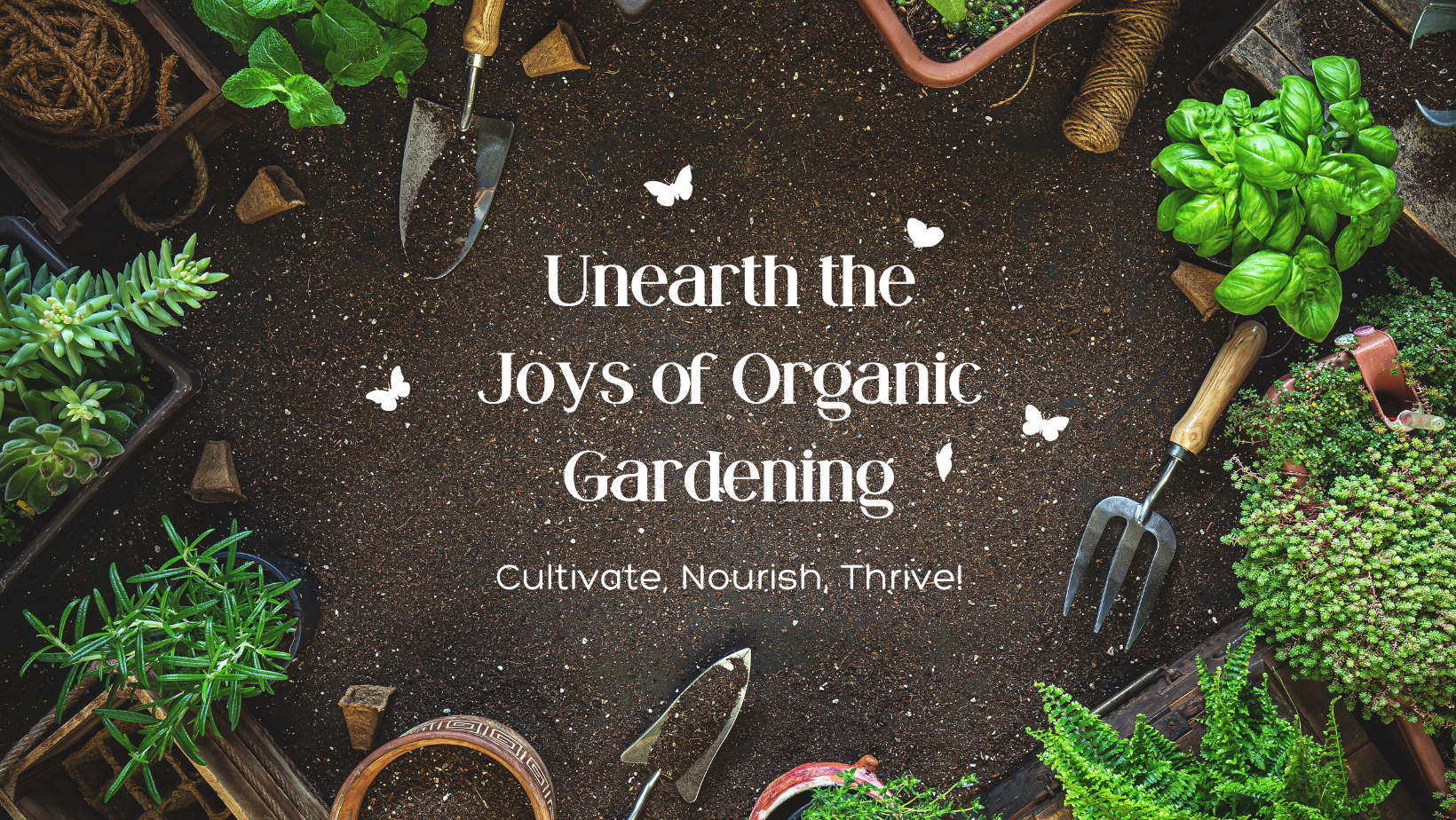 organic gardening tools, planters and plants